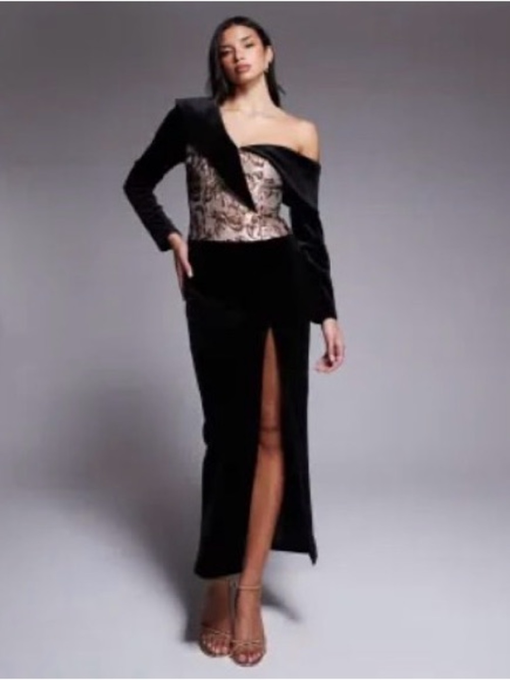 ASOS Black Velvet One-Shoulder Long Sleeve Gown with Metallic Bodice